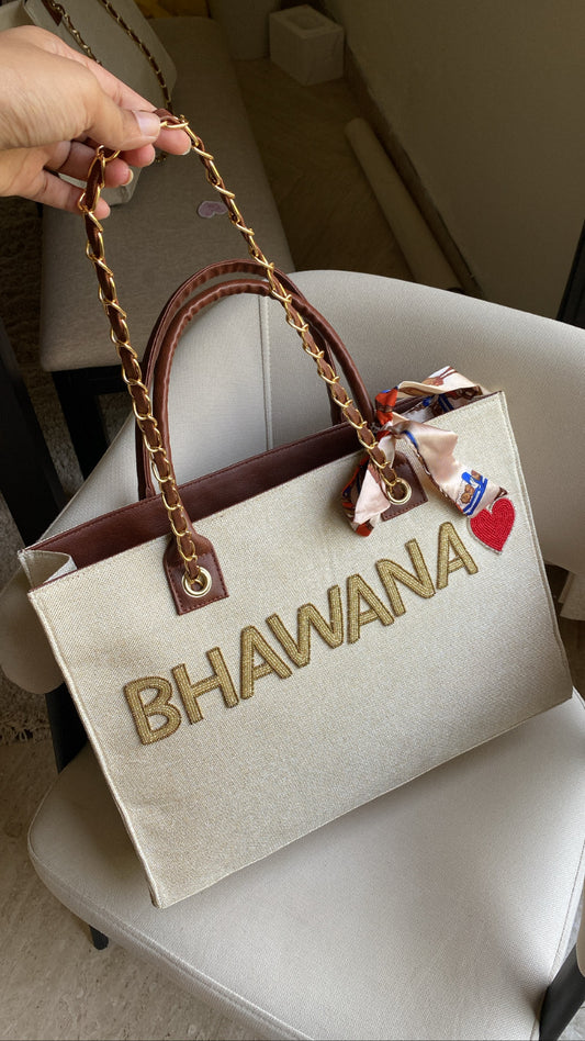 Customised Beige Chain canvas tote bag