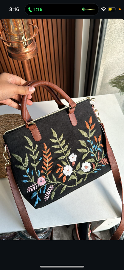 Embroidery leaf sling bag