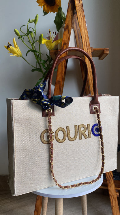 Customised Beige Chain canvas tote bag