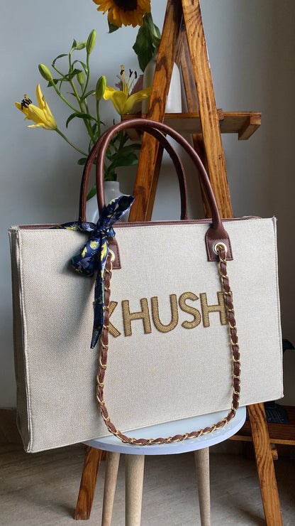 Customised Beige Chain canvas tote bag