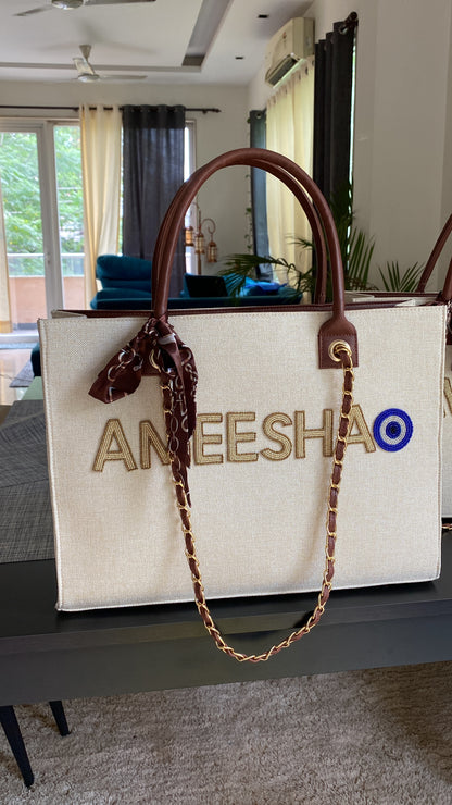 Customised Beige Chain canvas tote bag